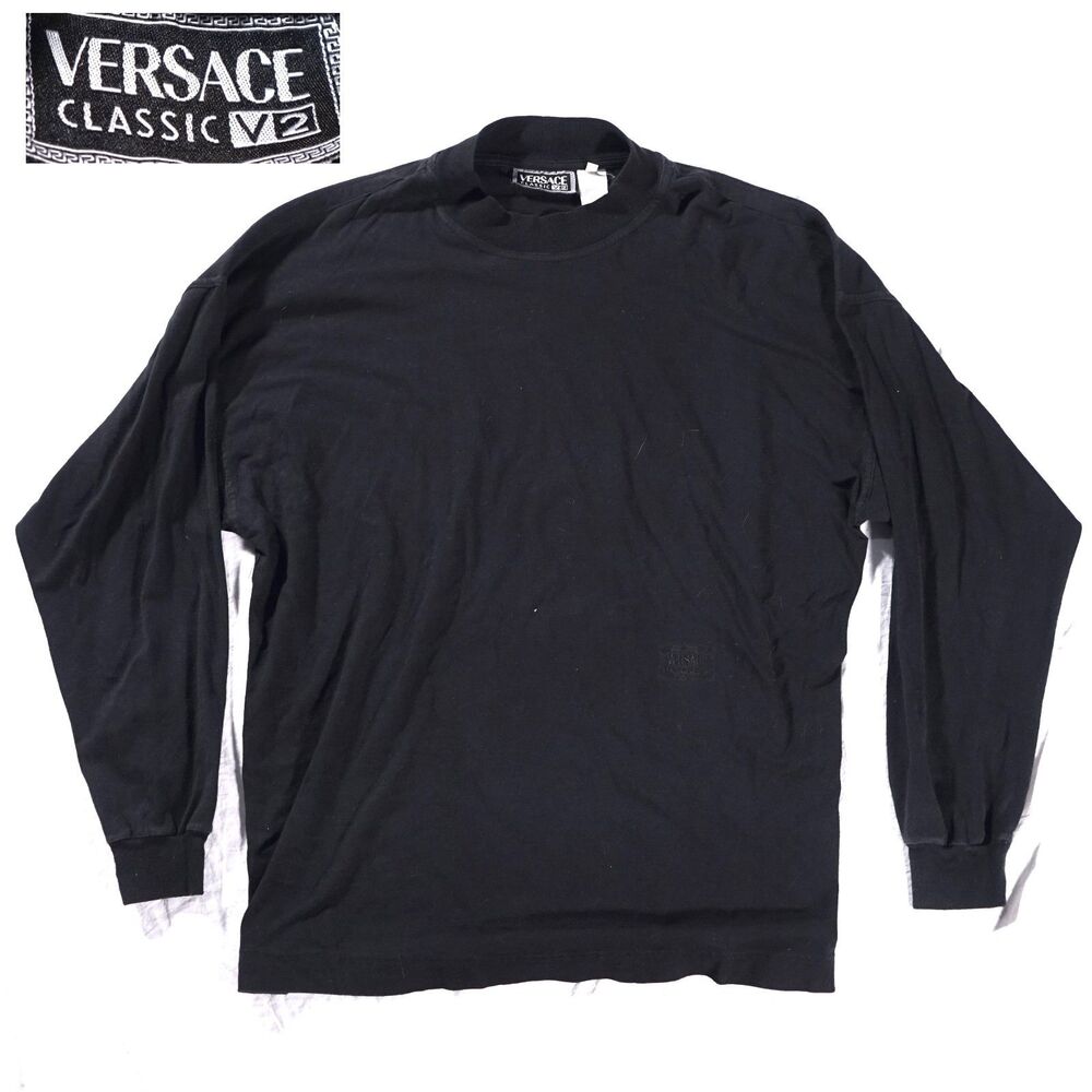 Versace Classic V2 Long Sleeve T Shirt Black Logo Embroidered Mens Medium Italy